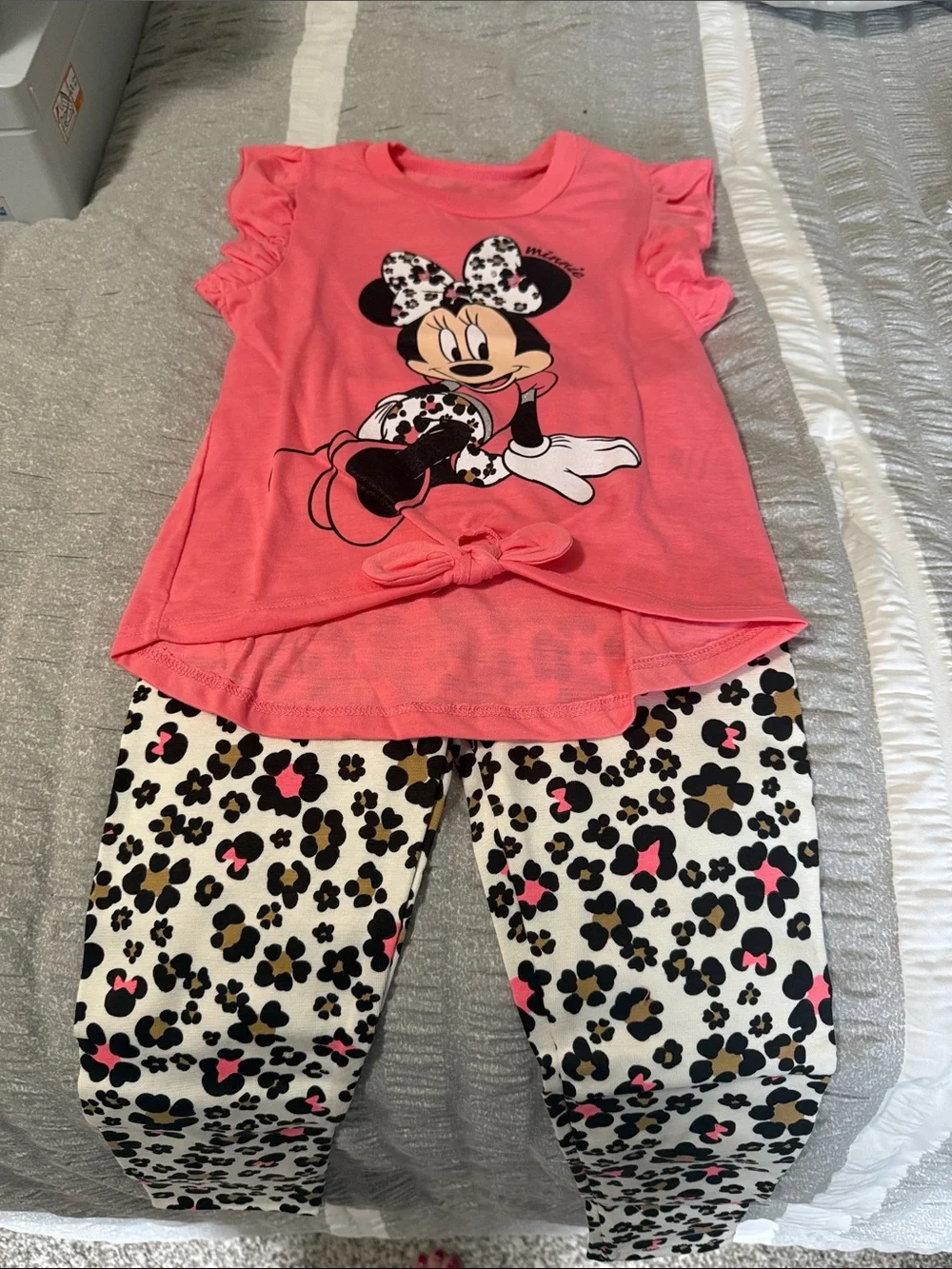 Kids Disney Minnie Mouse Coral Pink Top with Cream Leopard-Print Leggings